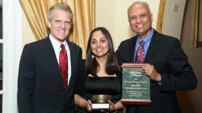 Dean Vanderveen with Outstanding Alumna Komal Patel and Honorary Alumnus Senator Ed Hernandez.