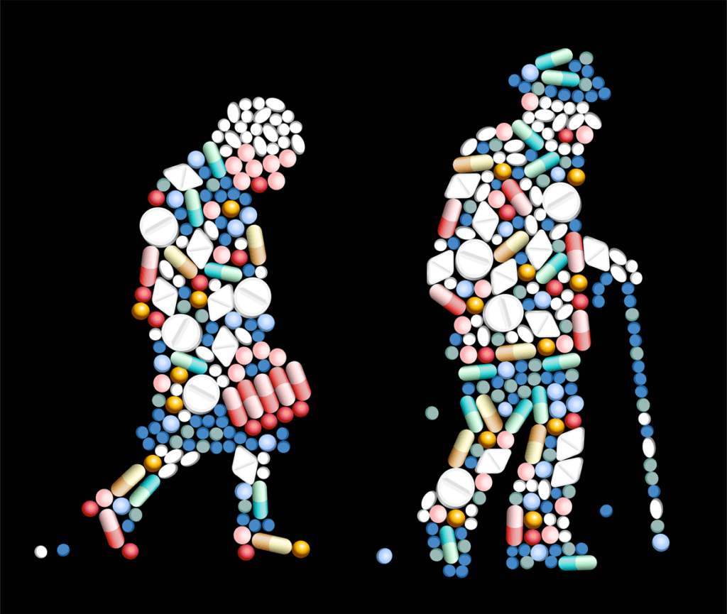 Two silhouettes of an older man with a cane and an older woman, made up of pills