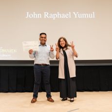 Dorothy Wong, PharmD '86, a member of the USC Mann Alumni Engagement Board, presented the USC Mann Alumni Endowed Scholarship to Yumul at the May 1 awards ceremony. (Photo by David Zong/USC Mann)