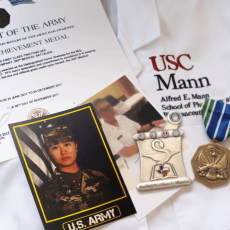 U.S. Army veteran Esther Hao, now a dual-degree Doctor of Pharmacy and Regulatory Science master’s student at USC Mann, completed the Army’s 23-week pharmacy specialist training program at the top of her class. (Photos courtesy of Esther Hao / Photo illustration by Isaac Mora)