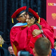 Roshni Badlani, PharmD '23, was hooded by her father, Anil “Neil” Badlani, a pharmacist, member of the USC Mann School’s Board of Councilors and alumnus of the USC Marshall School of Business. (Photo by Rey Obrero)